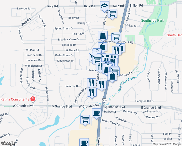 map of restaurants, bars, coffee shops, grocery stores, and more near 6003 Old Bullard Road in Tyler