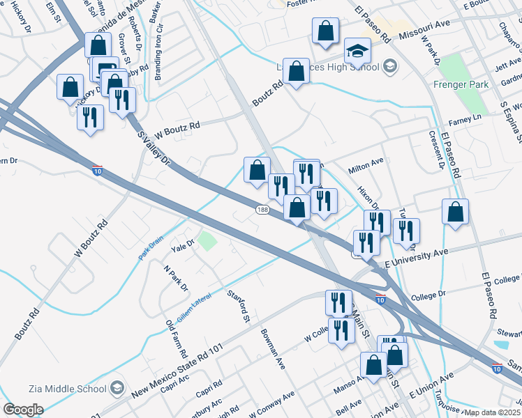 map of restaurants, bars, coffee shops, grocery stores, and more near 2210 S Valley Dr in Las Cruces
