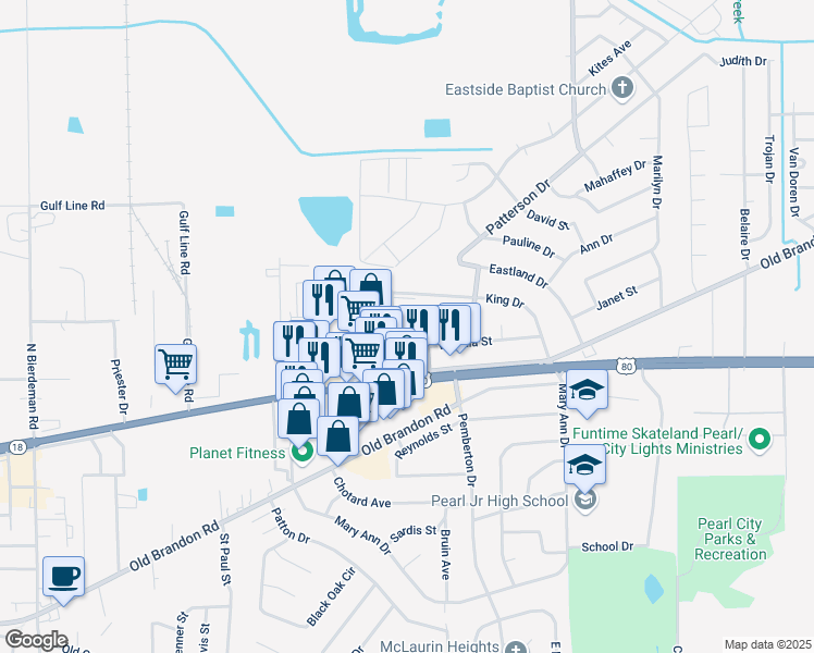 map of restaurants, bars, coffee shops, grocery stores, and more near 200 George Wallace Drive in Pearl
