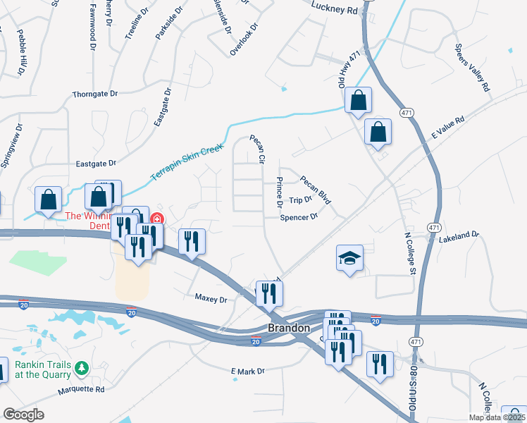 map of restaurants, bars, coffee shops, grocery stores, and more near Pecan Circle in Brandon