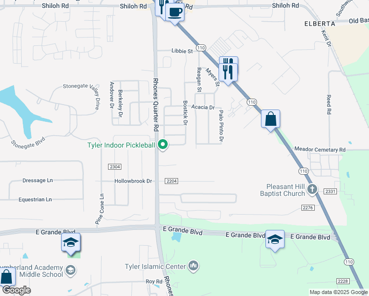 map of restaurants, bars, coffee shops, grocery stores, and more near 3131 Oak Bend in Tyler