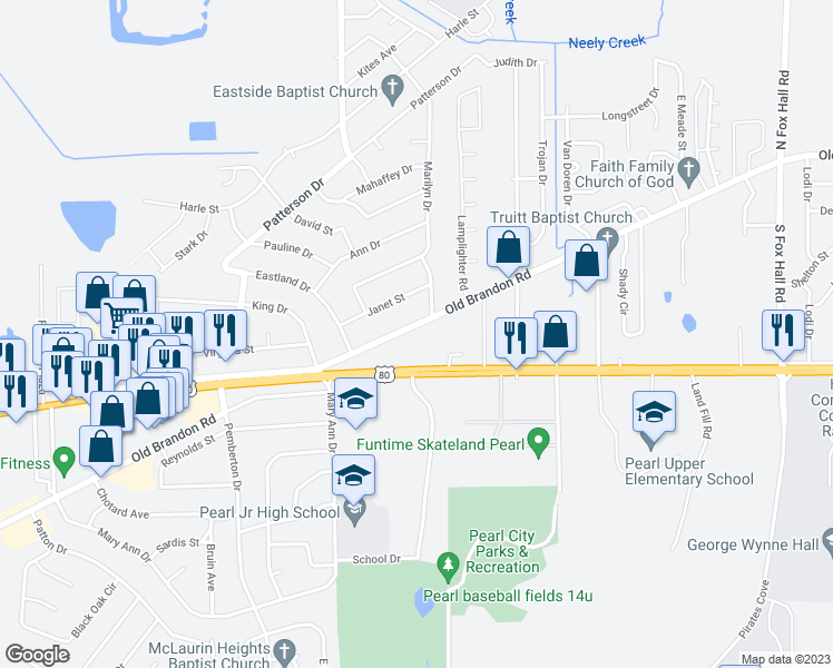 map of restaurants, bars, coffee shops, grocery stores, and more near 3461 Old Brandon Road in Pearl