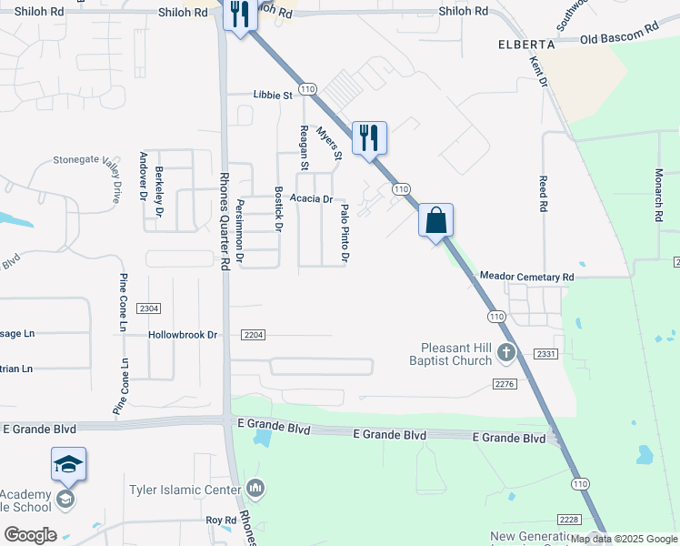 map of restaurants, bars, coffee shops, grocery stores, and more near 5878 Palo Pinto Drive in Tyler