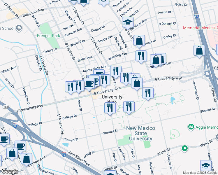 map of restaurants, bars, coffee shops, grocery stores, and more near 1168 East University Avenue in Las Cruces