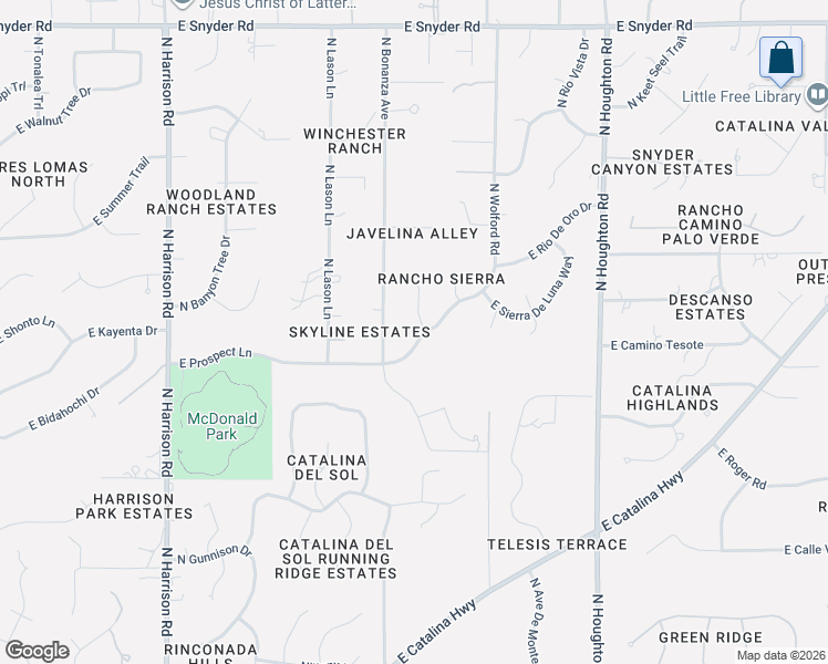 map of restaurants, bars, coffee shops, grocery stores, and more near 4250 North Wolford Road in Tucson