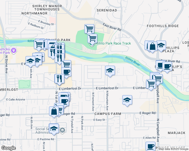 map of restaurants, bars, coffee shops, grocery stores, and more near 192 Pinto Street in Tucson