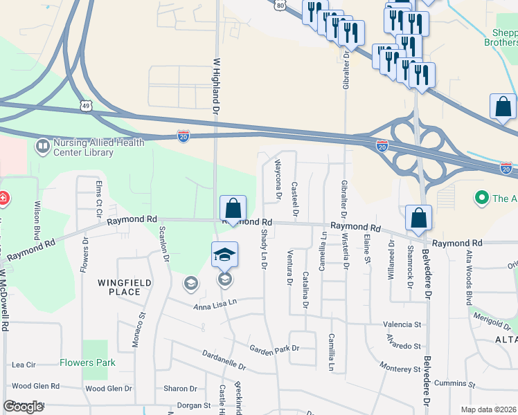 map of restaurants, bars, coffee shops, grocery stores, and more near 1784-1798 Shady Lane Drive in Jackson