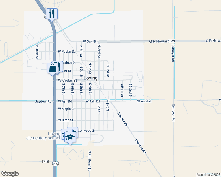 map of restaurants, bars, coffee shops, grocery stores, and more near 114 South 2nd Street in Loving