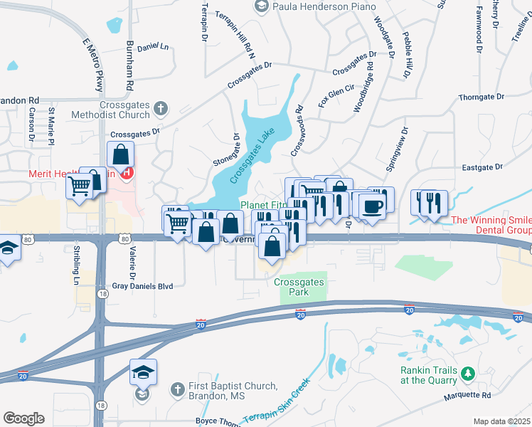 map of restaurants, bars, coffee shops, grocery stores, and more near 180 Lakebend Circle in Brandon