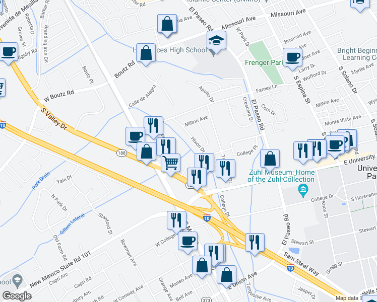 map of restaurants, bars, coffee shops, grocery stores, and more near 258 Desert Rose Court in Las Cruces