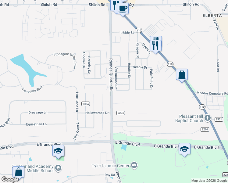map of restaurants, bars, coffee shops, grocery stores, and more near 5907 Rhones Quarter Road in Tyler