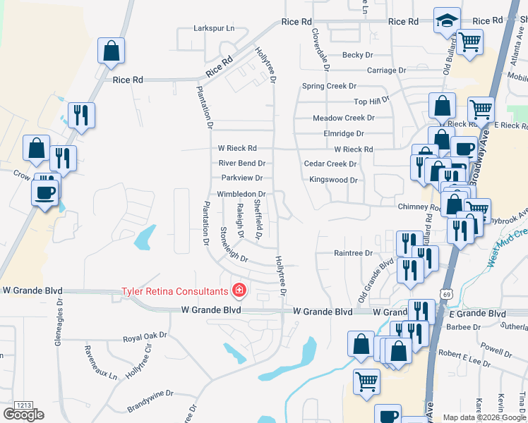 map of restaurants, bars, coffee shops, grocery stores, and more near 5901 Sheffield Drive in Tyler