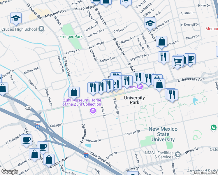 map of restaurants, bars, coffee shops, grocery stores, and more near 993 East University Avenue in Las Cruces