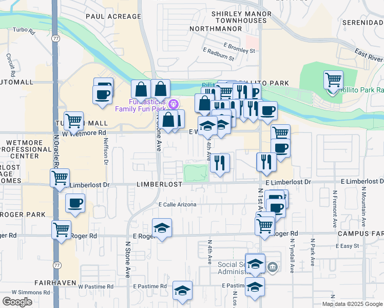 map of restaurants, bars, coffee shops, grocery stores, and more near 4267 North 4th Avenue in Tucson