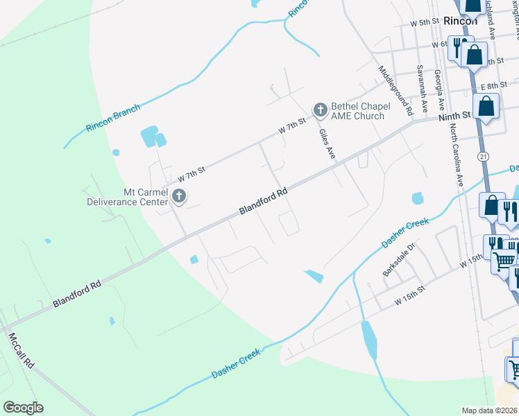 map of restaurants, bars, coffee shops, grocery stores, and more near 20 Anderson Street in Rincon