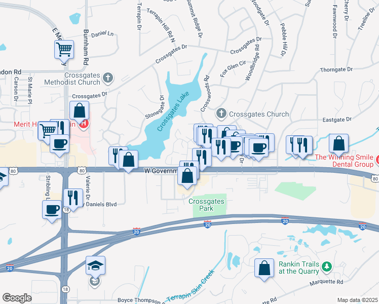map of restaurants, bars, coffee shops, grocery stores, and more near 180 Lakebend Circle in Brandon