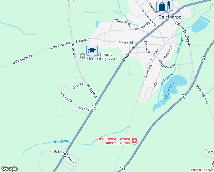 map of restaurants, bars, coffee shops, grocery stores, and more near 875 Highway 49 in Oglethorpe