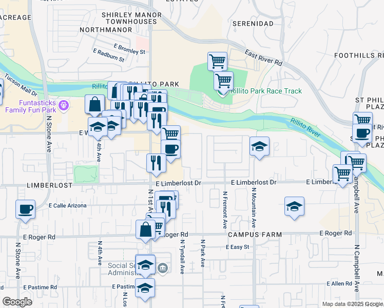 map of restaurants, bars, coffee shops, grocery stores, and more near 850 East Wetmore Road in Tucson