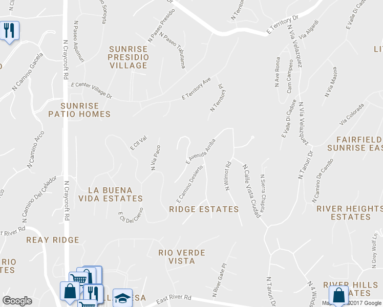 map of restaurants, bars, coffee shops, grocery stores, and more near 4300 Camino Yermo in Tucson