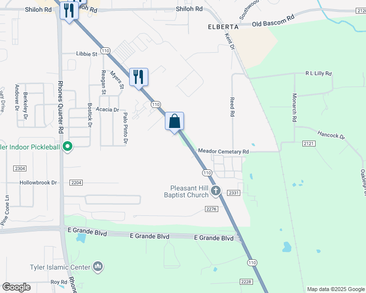 map of restaurants, bars, coffee shops, grocery stores, and more near 13370 Highway 110 in Tyler