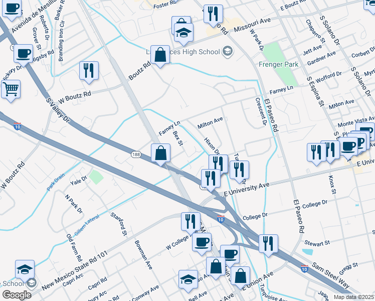 map of restaurants, bars, coffee shops, grocery stores, and more near 226 Desert Rose Court in Las Cruces