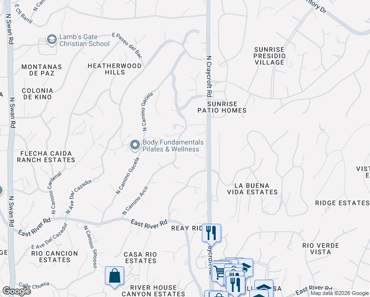 map of restaurants, bars, coffee shops, grocery stores, and more near 4235 North Craycroft Road in Tucson