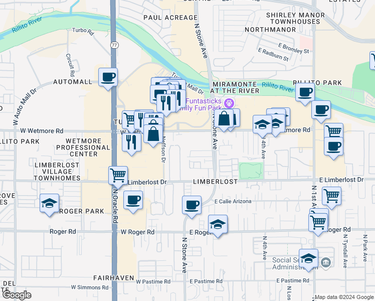 map of restaurants, bars, coffee shops, grocery stores, and more near 59 East Villas Circle in Tucson