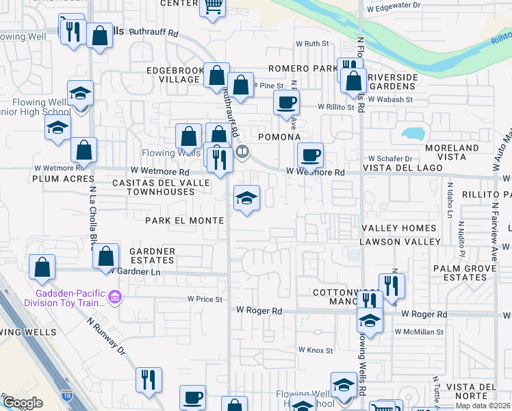 map of restaurants, bars, coffee shops, grocery stores, and more near 4258 North Romero Road in Tucson