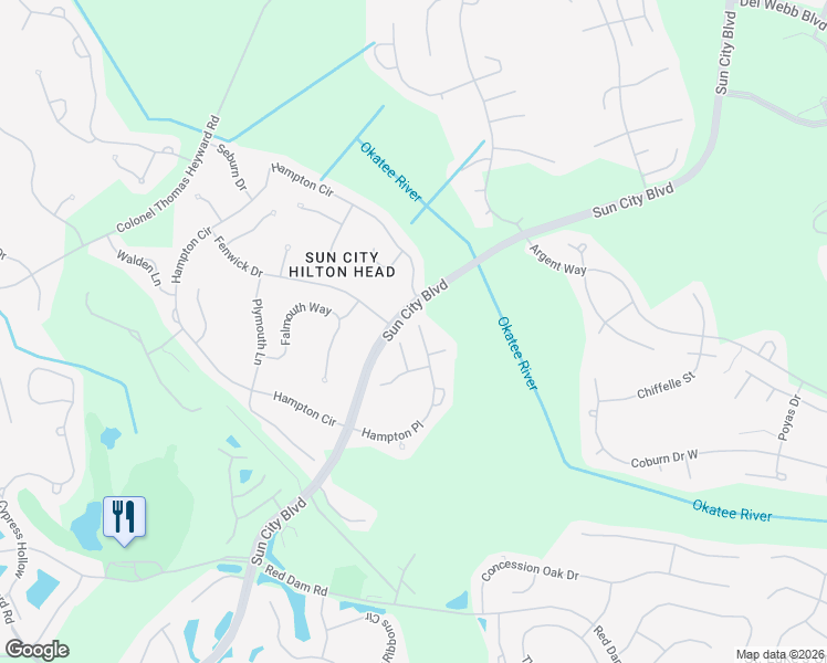 map of restaurants, bars, coffee shops, grocery stores, and more near 1 Bellavista Court in Bluffton
