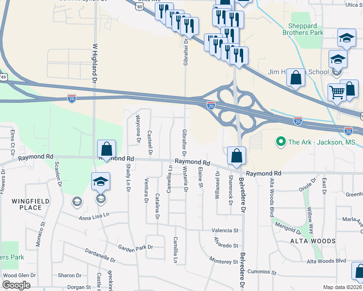 map of restaurants, bars, coffee shops, grocery stores, and more near 1749 Gibralter Drive in Jackson