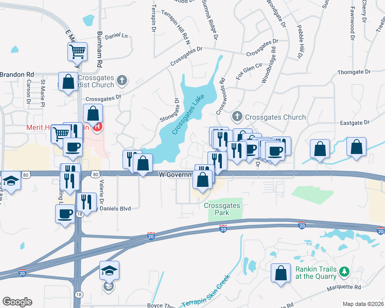 map of restaurants, bars, coffee shops, grocery stores, and more near 185 Lakebend Circle in Brandon