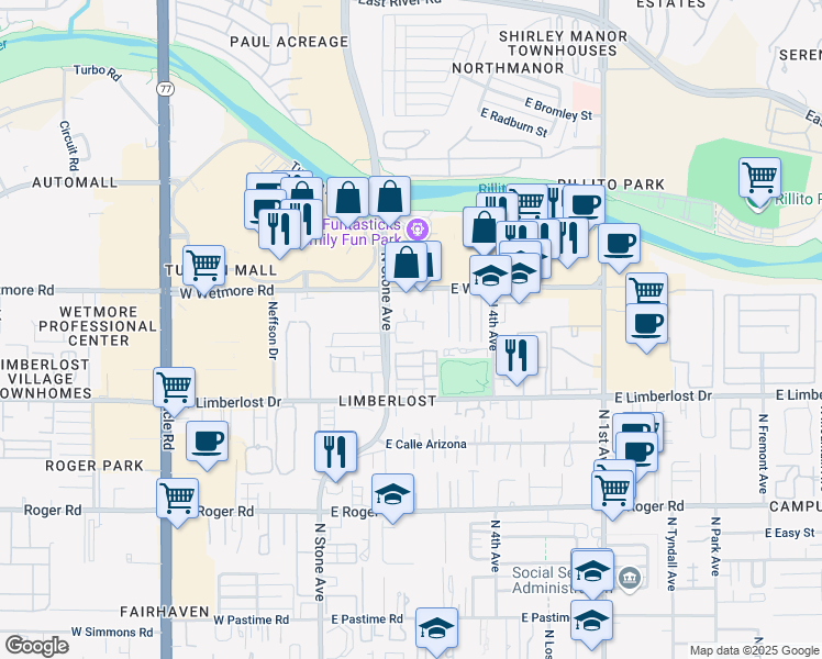 map of restaurants, bars, coffee shops, grocery stores, and more near 246 East Hadley Street in Tucson