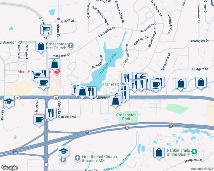 map of restaurants, bars, coffee shops, grocery stores, and more near 185 Lakebend Circle in Brandon