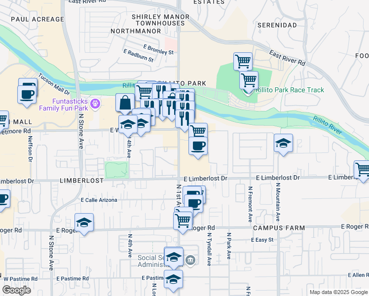 map of restaurants, bars, coffee shops, grocery stores, and more near in Tucson