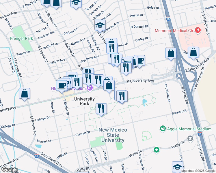 map of restaurants, bars, coffee shops, grocery stores, and more near 2700 Jordan Road in Las Cruces