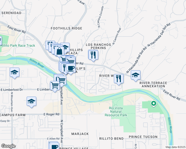 map of restaurants, bars, coffee shops, grocery stores, and more near 4360 North Camino Real in Tucson
