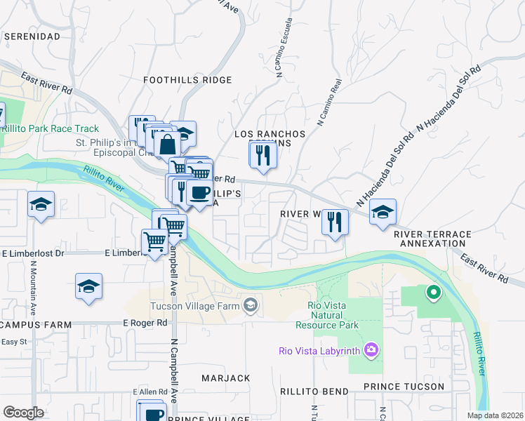 map of restaurants, bars, coffee shops, grocery stores, and more near 4360 North Camino Real in Tucson