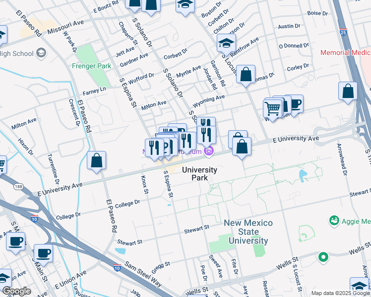 map of restaurants, bars, coffee shops, grocery stores, and more near 2520 Hagerty Road in Las Cruces
