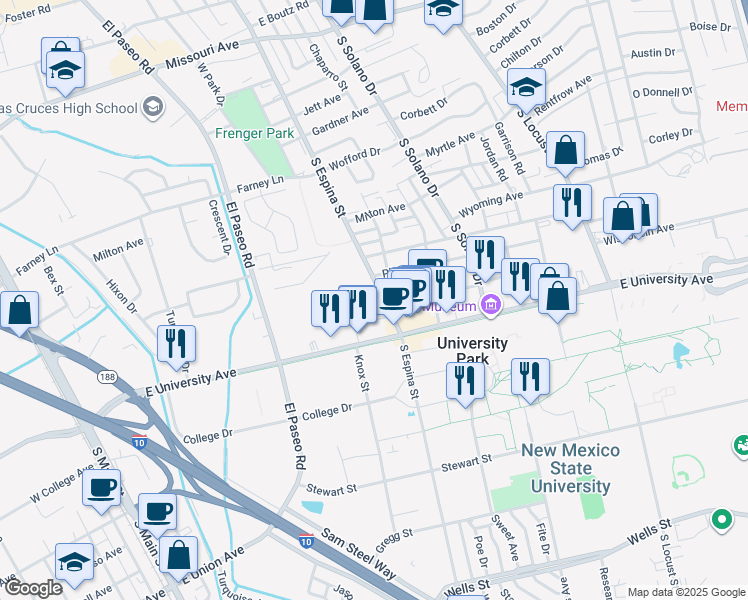 map of restaurants, bars, coffee shops, grocery stores, and more near 2418 South Espina Street in Las Cruces