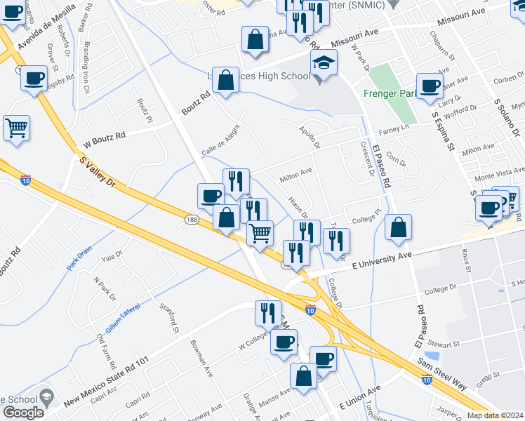 map of restaurants, bars, coffee shops, grocery stores, and more near 245 Bex Court in Las Cruces