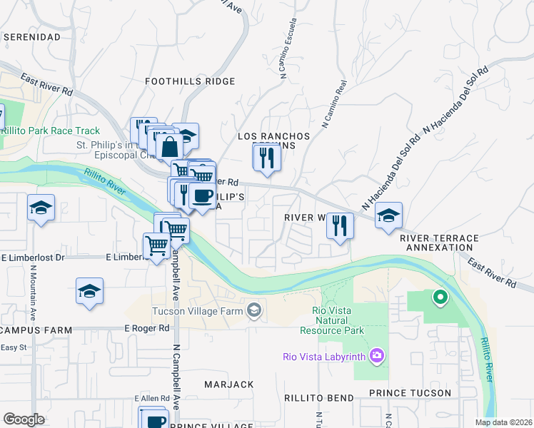 map of restaurants, bars, coffee shops, grocery stores, and more near 4360 North Camino Real in Tucson