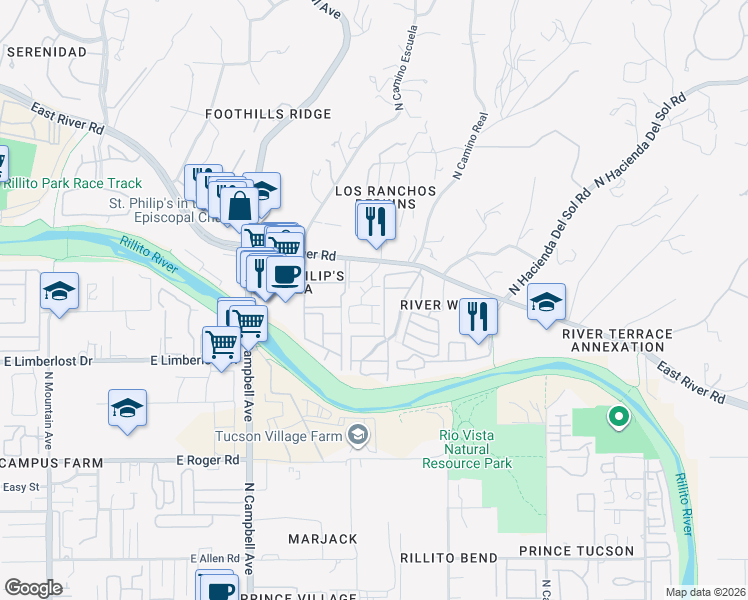map of restaurants, bars, coffee shops, grocery stores, and more near 4360 North Camino Real in Tucson