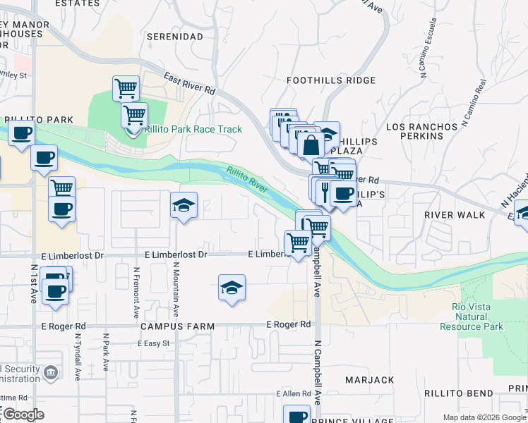 map of restaurants, bars, coffee shops, grocery stores, and more near 4320 North Rillito Creek Place in Tucson