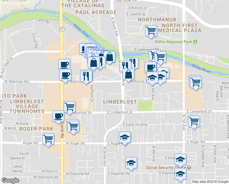 map of restaurants, bars, coffee shops, grocery stores, and more near 44 East Wetmore Road in Tucson