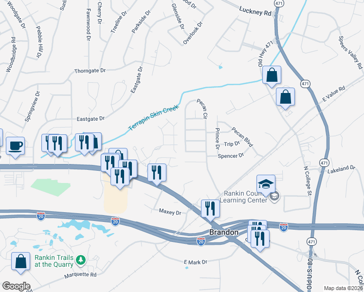 map of restaurants, bars, coffee shops, grocery stores, and more near 208 Post Oak Street in Brandon