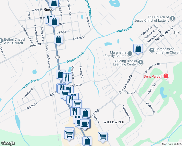 map of restaurants, bars, coffee shops, grocery stores, and more near 108 Woodbury Lane in Rincon