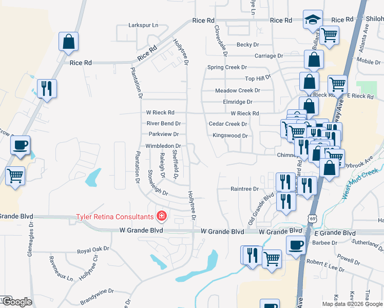 map of restaurants, bars, coffee shops, grocery stores, and more near 5801 Creekside Circle in Tyler