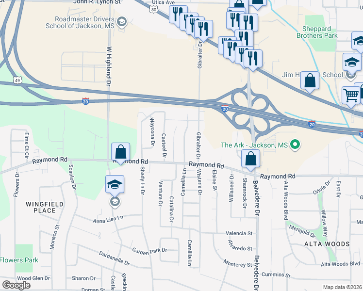 map of restaurants, bars, coffee shops, grocery stores, and more near 1755 Camellia Lane in Jackson