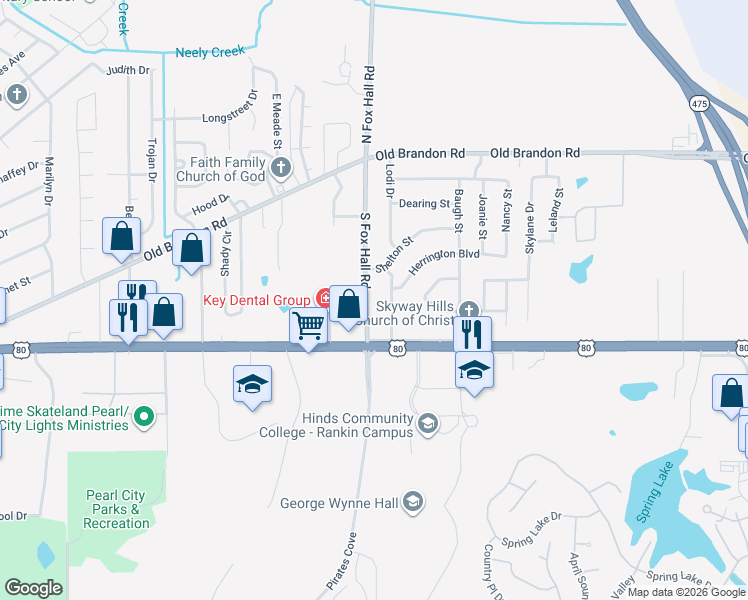 map of restaurants, bars, coffee shops, grocery stores, and more near 314 South Fox Hall Road in Pearl