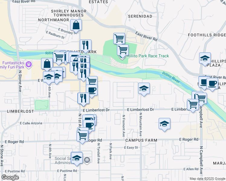map of restaurants, bars, coffee shops, grocery stores, and more near Park Place in Tucson